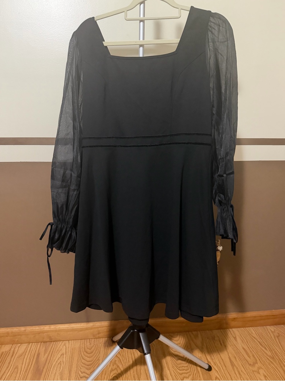 Cupshe Black Square-Neck Long Sleeve Mini Dress with Sheer Sleeves NWT